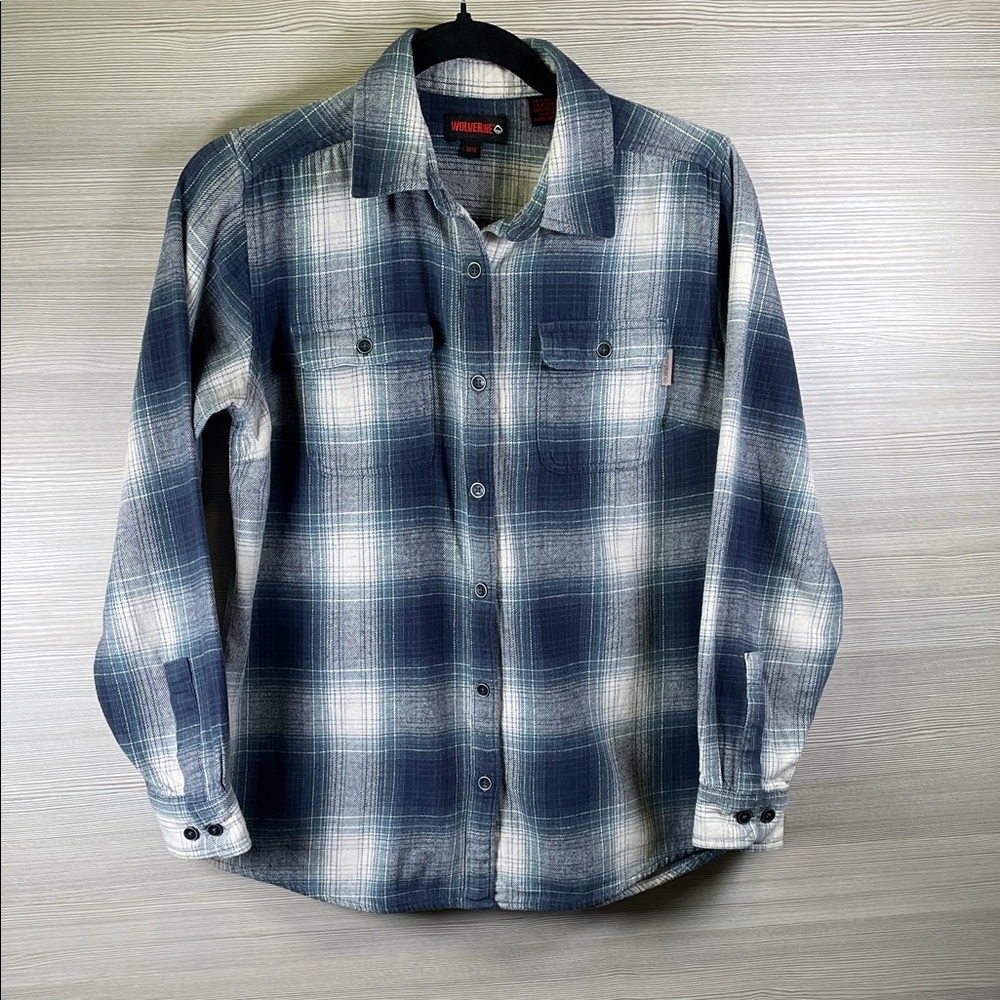 Wolverine Women’s Cotton Blue and White Plaid Flannel Button-Down Shirt | Medium